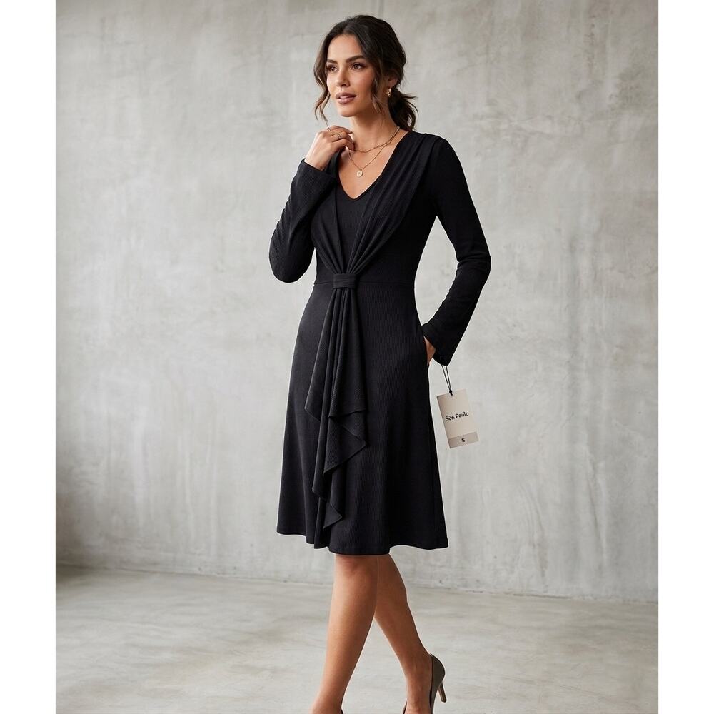 São Paulo Black Shimmering Long Sleeve Knit Dress Sz 10 Professional Career